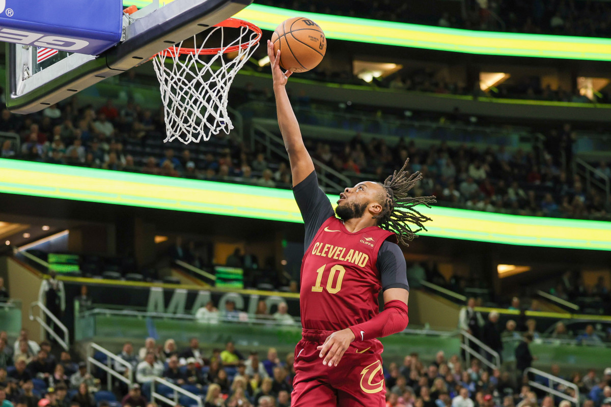 Dec 11, 2023; Orlando, Florida, USA; Cleveland Cavaliers guard Darius Garland (10) goes to the basket during the first quarter against the Orlando Magic at Amway Center.
